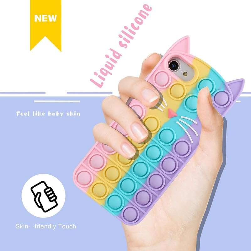 RM® Pop It Rainbow Cat Phone Case for iPhone SE 2020, Stress Relief Push Pop Bubble 3D Cartoon Funny Kawaii Cute Fun Soft Silicone Design Cover, Multicolor 4