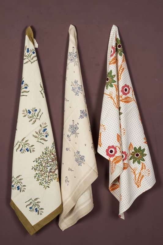CONTRAST LIVING Kabi Hand Block Printed Kitchen Towel/Dish Towel/Hand Towel Multi Color Set of 3 Pcs 1