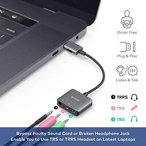 TROND External Sound Card USB Audio Adapter, Durable Aluminum Housing, Flexible Nylon Braided Cable, USB Type A to 3.5mm TRS & TRRS Aux Jacks, Space Gray 3
