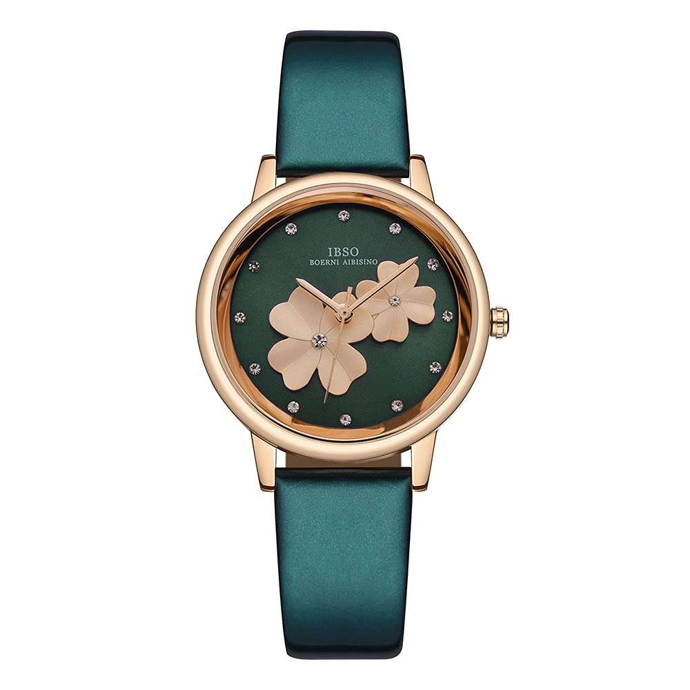 IBSO Watches for Women Four Leaf Clover Lady Leather Band Wristwatch Clear Dial Montre Femme a Nice Gift (8806L Green) 1