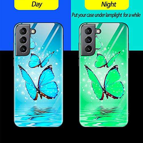 Leton-US Samsung Galaxy S21 Case Silicone Luminous Noctilucent 9H Tempered Glass Back Cover Soft Slim TPU Bumper Shockproof Phone Case for Samsung S21 5g Glow in Dark Butterfly 2