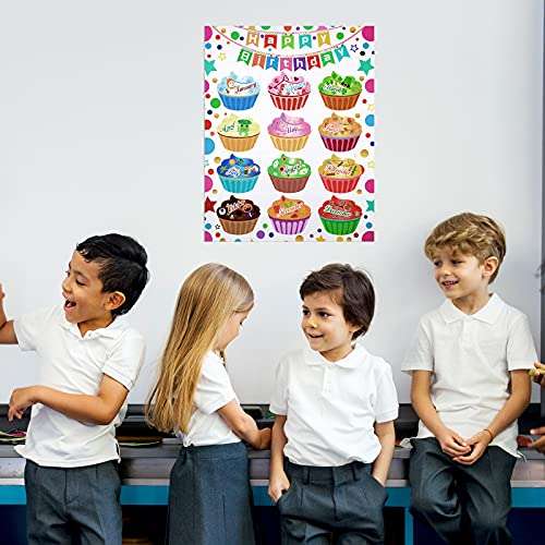 Happy Birthday Chart for Classroom Birthday Poster Decoration DIY Name Cupcakes Classroom Poster Chart Birthday Bulletin Board Chart Class Birthday Decoration Colorful for Students School Party Kids 6