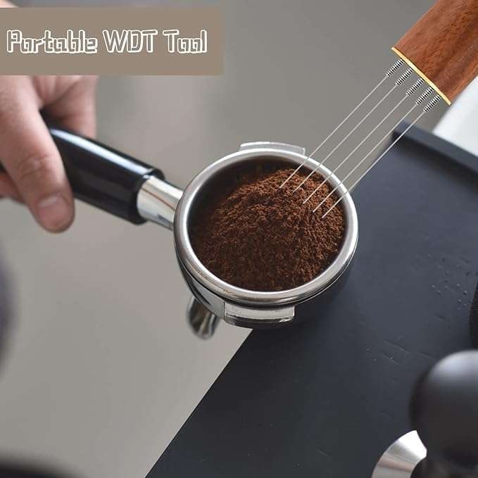 Bindex Espresso Coffee Stirrer, Espresso Distribution Tool Coffee Stirring Tool,Professional Barista Hand Needle Type Distribution Tool 5 Needles 0.4mm Natural Wood Handle and Stand 4