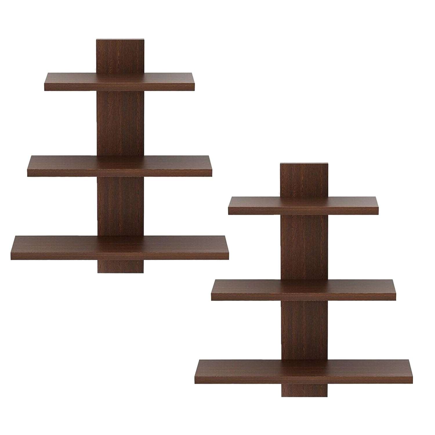 Kuber Industries Wooden Wall Shelf|Multipurpose Tree Shape Display Rack|Engineered Wood Mount 3 Tier Shelves for Office & Home D�cor (Brown) (Pack of 2) 1