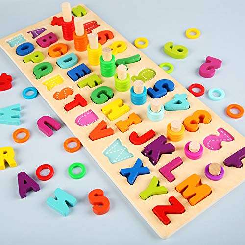 Meile 4-in-1 Wooden Number Puzzle Toy Sorting Counting Game Wooden Blocks Puzzle Board Set Alphabet ABC with Wood Colorful Number Shape Math Blocks for Kids Toddlers Preschool Educational Toys 1