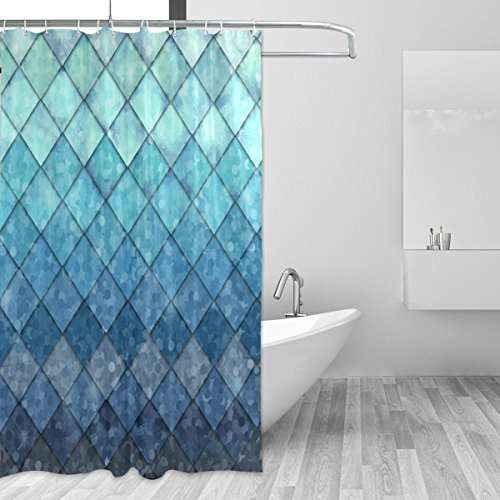 ZOEO Shower Curtain Backdrop Ocean Blue Teal Mermaid Fish Scales Geometric Rhombus Bathroom Home Decor Set Fabric Bridal Polyester Washable Waterproof 12 Hooks for Women 72x72 Inch 1
