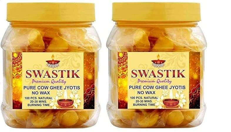 SWASTIK Pure Cow Ghee Diya for Puja and Special Occasions, Ghee Wicks/Readymade Ghee Cotton Wicks/Diya Batti/Puja Batti/Jyot Batti for Diwali Pooja (Pack of 100 PCs) Pack of 2 1