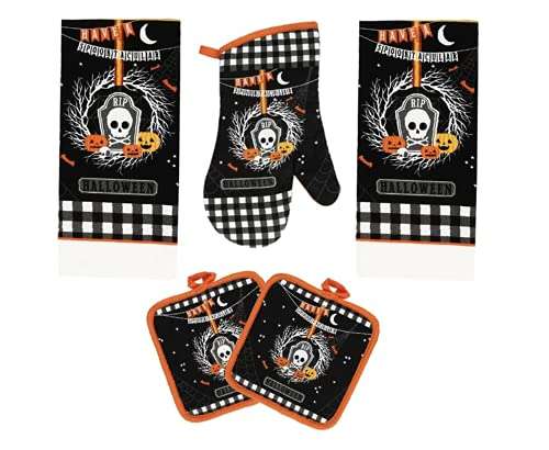 GI Halloween Kitchen Set Spiderwebs Printed Includes 2 Dish Towels, 2 Square Potholders, 1 Oven Mitt Great for Cooking, Baking, House Warming and Decoration (Set of 5 Piece) 1