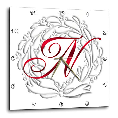 3dRose Wall Clock Silent - 10 inch - Christmas Wreath Red Monogram N - TDSwhite – Christmas Holidays Xmas