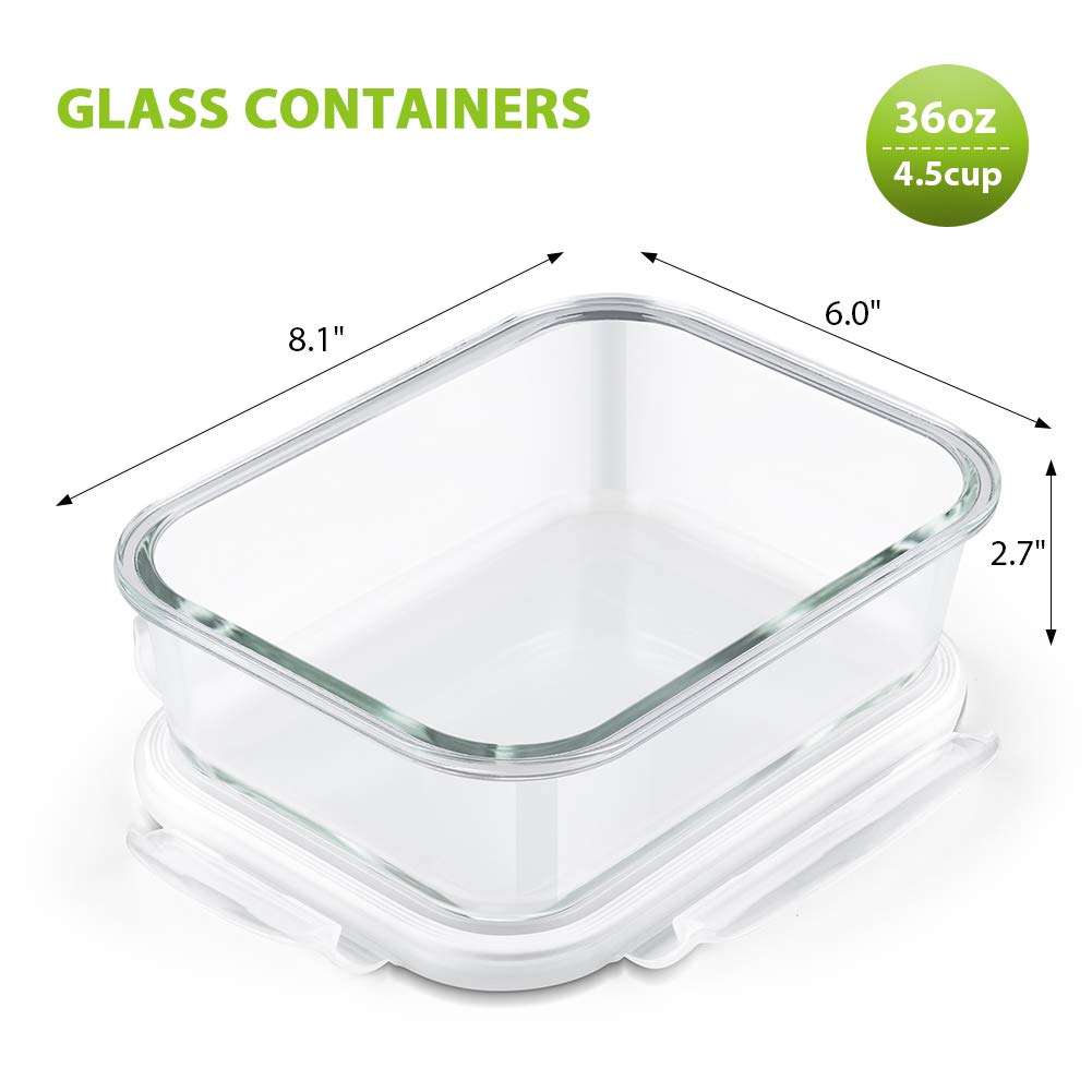 Bayco Large Glass Meal Prep Containers, [5 Pack, 36oz | 4.5cups] Glass Food Storage Containers with Lids, Airtight Glass Bento Boxes, BPA Free & Leak Proof (5 lids & 5 Containers) 3