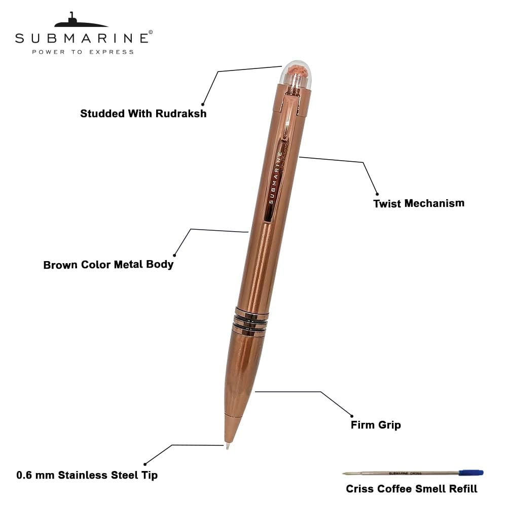 Submarine 1004 Rudraksha Series Premium Brown Color Metal Ball Pen With Rudraksha On Top, Fitted With Blue Ink Coffee Scented Jotter Refill, Perfect For Corporate Gifting 3