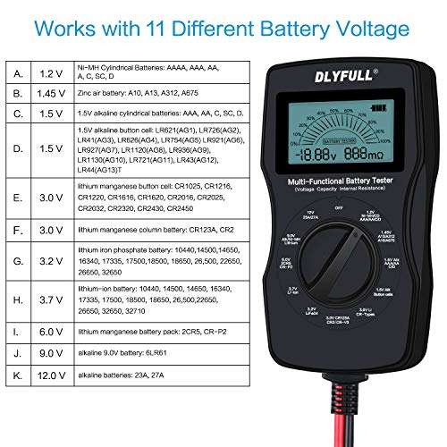 Universal Battery Checker Tester with Leads LCD Display, Battery Capacity Voltage Resistance Tester for AAA AA C D 9V Digital 12V 3.7V Li-ion 18650 CR123A CR2032 Button Cell Batteries More 3