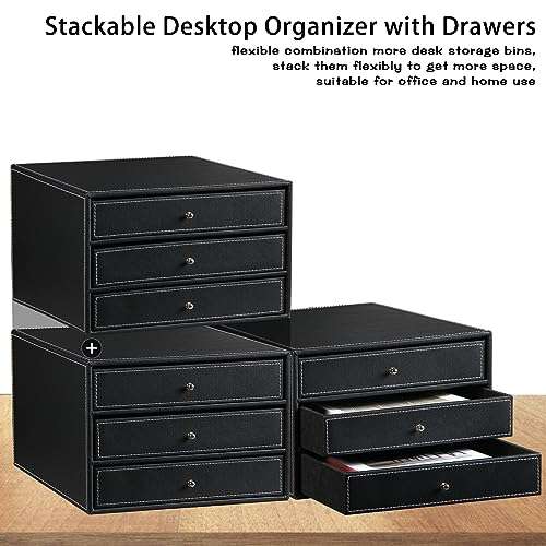 PU Leather Desktop Organizer with Drawers,3 Drawer Office Desk Organizer,Desktop Storage for Office Supplies/A4 Paper/Magazine/Book,for Office School Home.Black 4