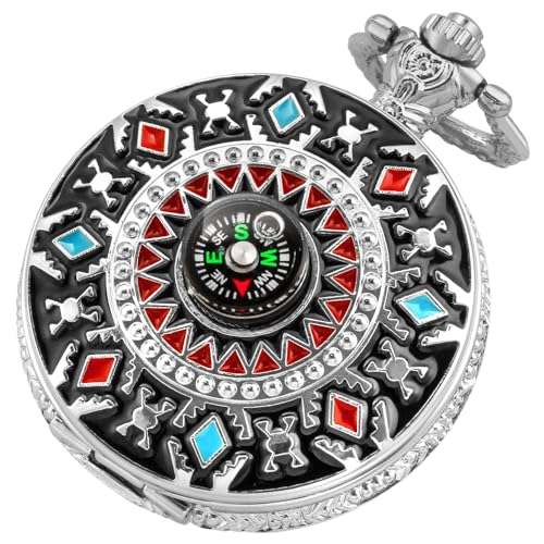Retro Pocket Watch Relief Art American Southwest Cross Totem Compass Case Quartz Pocket Watch with Chain Christmas Graduation Birthday Gifts(Silver)
