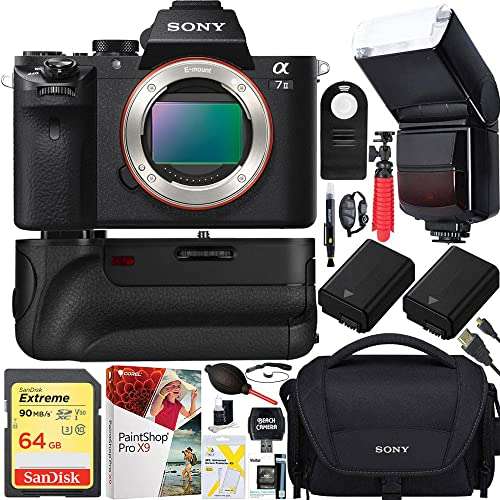 Sony Alpha a7II Mirrorless Interchangeable Lens Camera Body Bundle with 64GB Memory Card, Battery Grip, Flash, Camera Bag, Paintshop Pro, Dual Batteries and Accessories (9 Items) 1