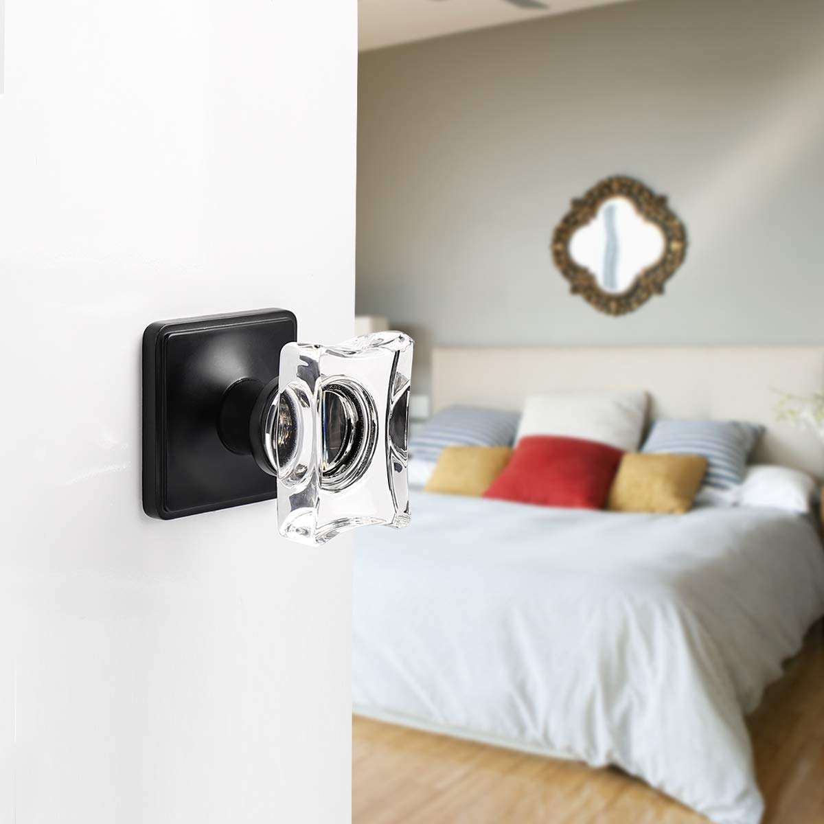 Gobrico 4 Pack Clear Crystal Doorknobs Square Rosette,Matte Black Interior Door Locks for Hall Closet,Glass Passage Door Knobs Handles 2