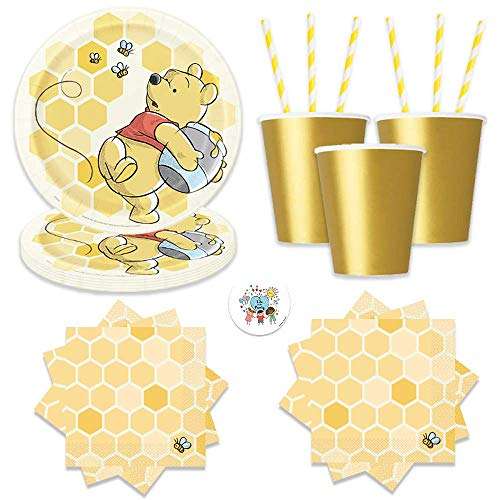 Winnie The Pooh Birthday Party Pack for Up to 16 Guests With Plates, Napkins, Cups, Yellow Straws and Pin by Another Dream 1