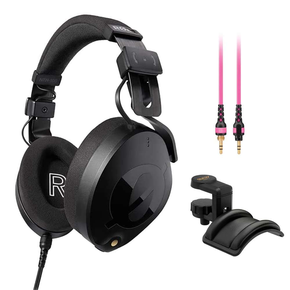 Rode NTH-100 Professional Closed-Back Over-Ear Headphones Bundle NTH-Cable (Pink, 3.9') and Auray Headphones Holder 1