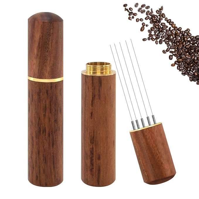 Bindex Espresso Coffee Stirrer, Espresso Distribution Tool Coffee Stirring Tool,Professional Barista Hand Needle Type Distribution Tool 5 Needles 0.4mm Natural Wood Handle and Stand 1