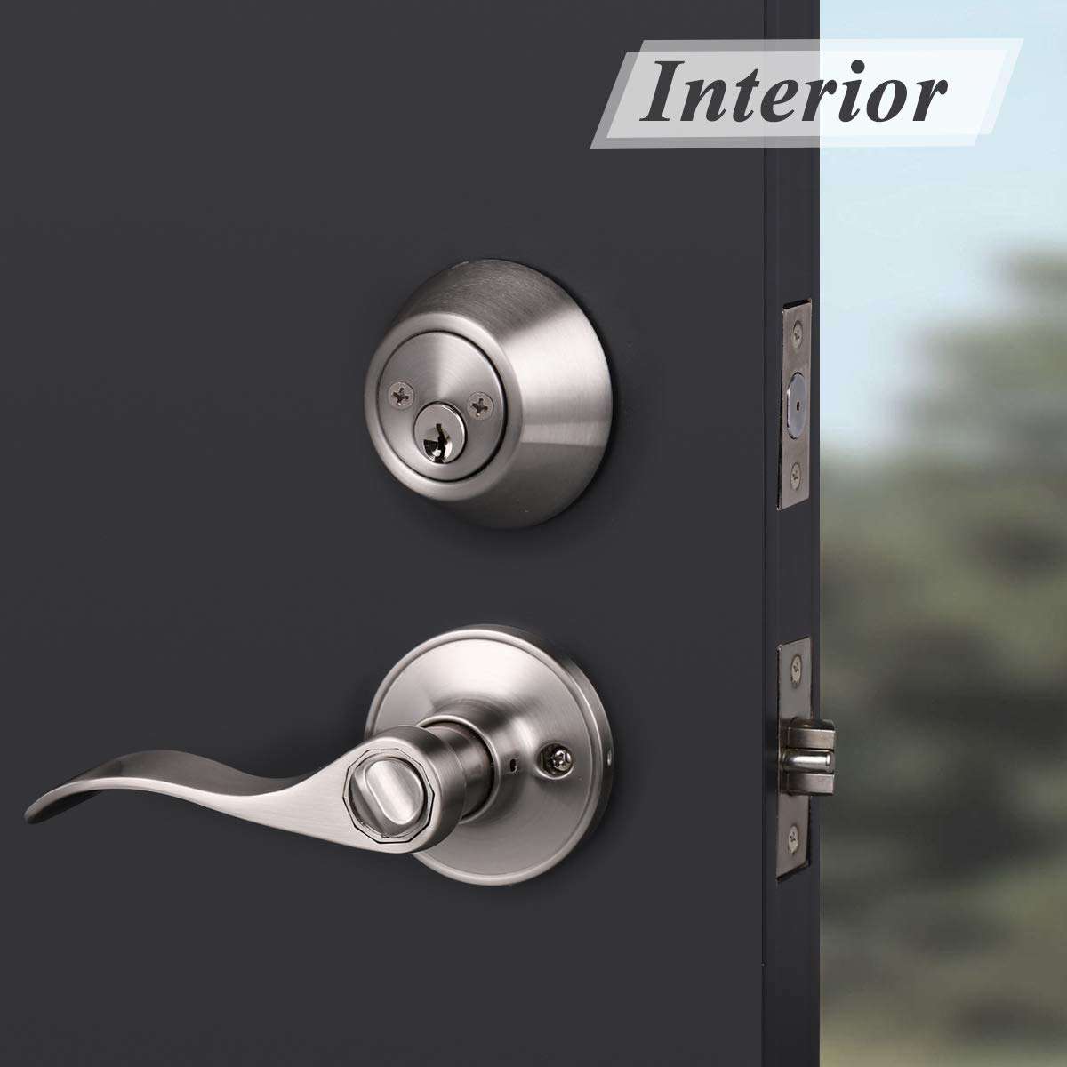 Probrico 2 Sets-Wave Style Entry Door Levers with Double Cylinder Deadbolts Combo Pack, Keyed Alike Door Knobs Exterior and Interior Lockset Leverset, Handleset for Front and Entrance Door 5