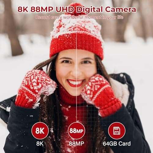 8K Digital Cameras for Photography - WiFi 88MP Autofocus Vlogging Camera for YouTube with 3" 180° Flip Screen - UHD Video Camara Gifts for Beginner Photographer with 18X Zoom, Lens Hood, 64GB Card 2
