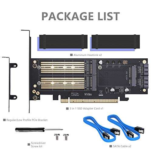 3 in 1 M.2 and mSATA SSD Adapter Card for NVME to PCIE, SATA III, and mSATA (with 2 Aluminum Heatsink) 6