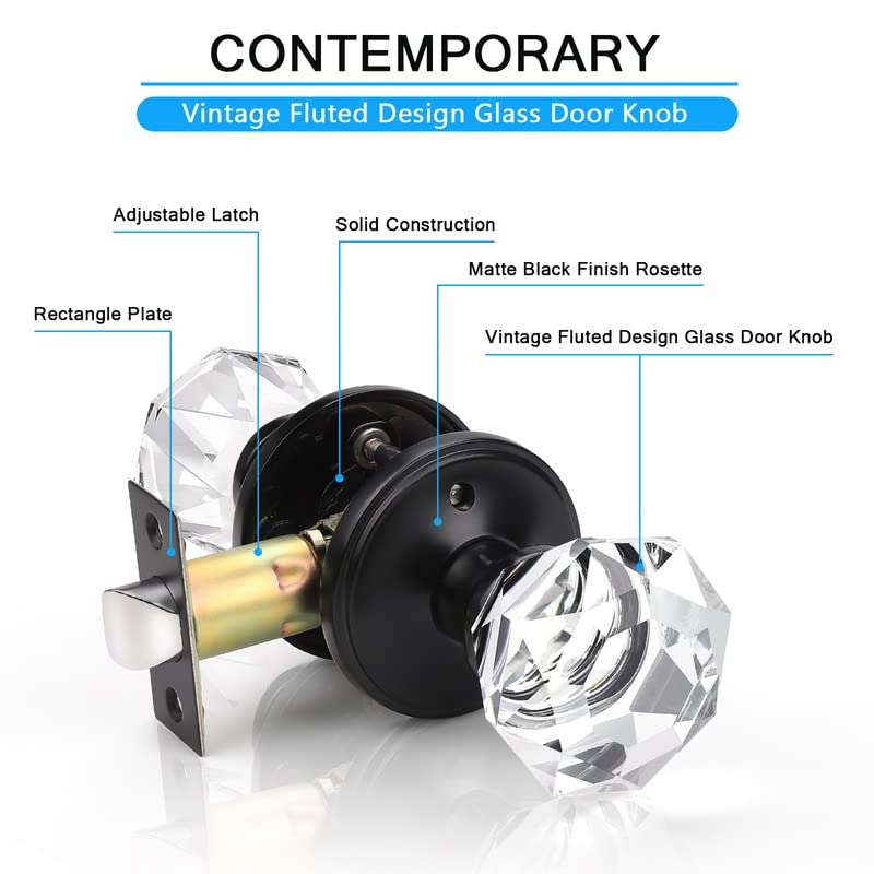 KNOBWELL 1 Pack Modern Globe Crystal Door Knobs with Lock, Frosted Glass Design, Privacy Function for Bed and Bath, Matte Black 4