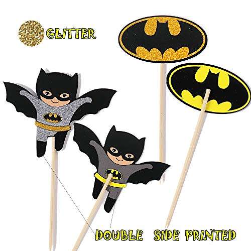 Batman Birthday Supplies Cupcake Toppers Batman Theme Party Glitter Decorations for Kids Birthday Super Hero Theme Party Baby Shower Favor Supplies Set of 24 Double-sided Printing 4