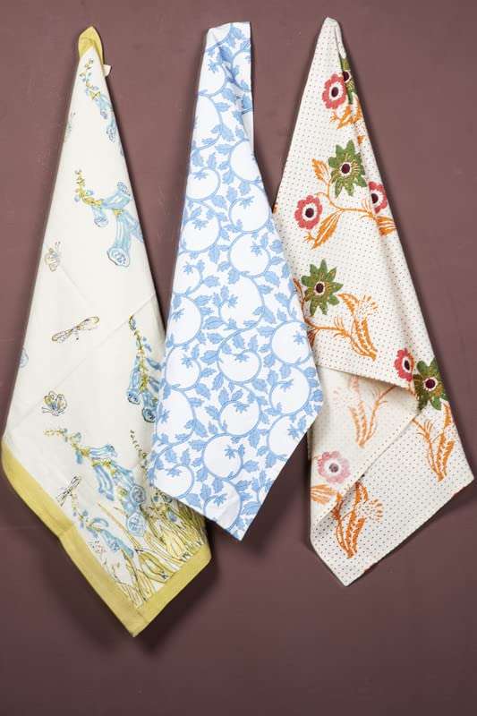 CONTRAST LIVING sANGETA Hand Block Printed Kitchen Towel/Dish Towel/Hand Towel Multi Color Set of 3 Pcs 1