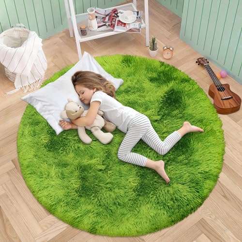 ATRUG 4 ft Fluffy Green Grass Area Rugs for Bedroom,Tie Dyed Plush Circle Rug Shag Round Carpet Fuzzy for Living Room Baby's Toddler's Boys Girls Room Kids Playroom Nursery Decor Aesthetic 1