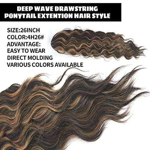 Oseti Highlight Loose Deep Wave Drawstring Ponytail High Pony Deep Wavy Curl Wrap Around Ponytail Highlights Brown Blonde Water Wave Clip in Ponytail High Pony for Girl Synthetic Hairpiece for Women 3