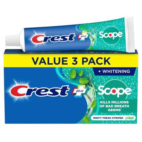 Crest + Scope Whitening Toothpaste - Pack of 3, 5.4 Oz Tubes - Anticavity Fluoride Toothpaste, Fresh Breath, Kills Germs - Tartar Protection, Enamel Protection - Minty Fresh Flavor 1
