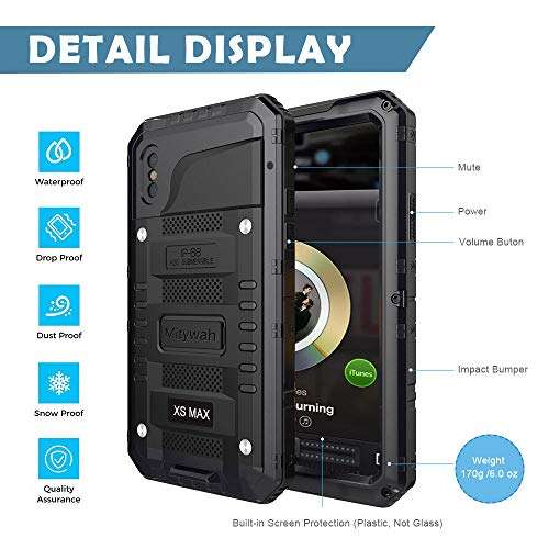 Mitywah Waterproof Case for iPhone Xs MAX, Heavy Duty Military Grade Shockproof Case Built-in Screen Protector, 360° Full Body Protective Armor Metal Phone Case for iPhone Xs MAX, Black 5