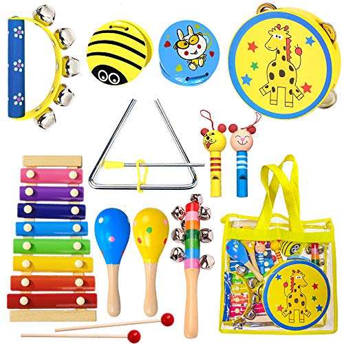 ToyerBee Musical Instruments Toys Set for Kids, 15PCS Wooden Percussion Instruments for Toddlers, Preschool& Educational Toy with StorageBag, Tambourine, Maracas, Castanets& More for Boys and Girls. 1