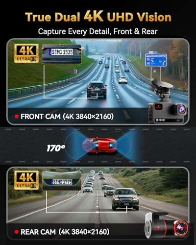 TERUNSOUl 4K+4K Dash Cam Front and Rear, Free 128GB Card Included, 5.8GHz WiFi Dash Camera for Cars, Built-in GPS, G-Sensor, 170°Wide Angle, 3" IPS Screen, 24H Parking Mode, Support 512GB Max 2