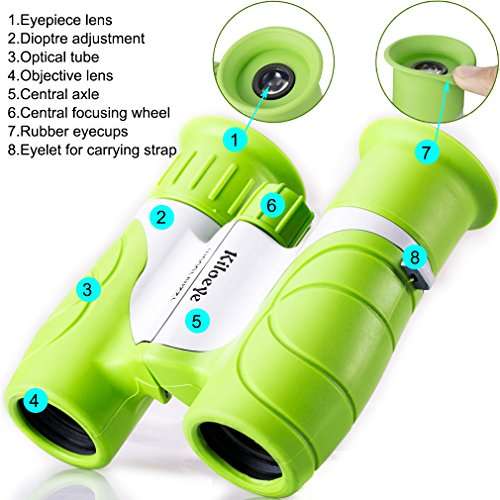 Binoculars 8X21 kit with Whistle & Neck Strap for Kids Boys Girls Outdoor Sports Bird Watching Hunting Hiking Children Birthday Presents All Real Optical Glass Lens Green Plastic Body Lightweight 3