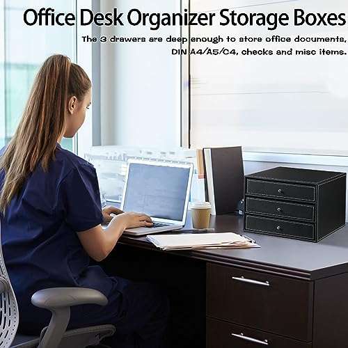 PU Leather Desktop Organizer with Drawers,3 Drawer Office Desk Organizer,Desktop Storage for Office Supplies/A4 Paper/Magazine/Book,for Office School Home.Black 5