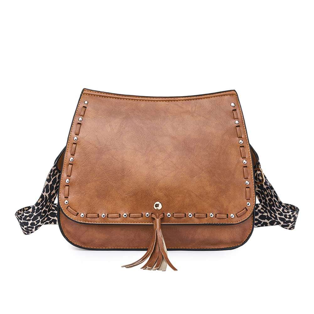 HQSOG Women Crossbody Handbag Faux Leather Shoulder Retro Purse Flap Satchel with Tassel and leopard print strap 1