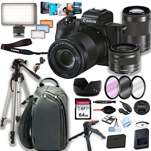 Canon EOS M50 Mark II Mirrorless Digital Camera with 15-45mm and 55-200mm Lens + 64GB Memory + LED Video Light + Canon Sling Case + Steady Grip Pod + Tripod + Filters + Software + More (34pc Bundle) 1
