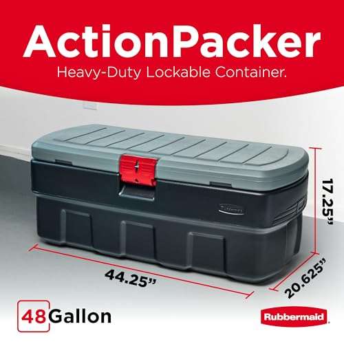 Rubbermaid 48 Gallon Black Action Packer Lockable Latch Indoor and Outdoor Storage Box Container for Home, Garage, Backyard, Single 2