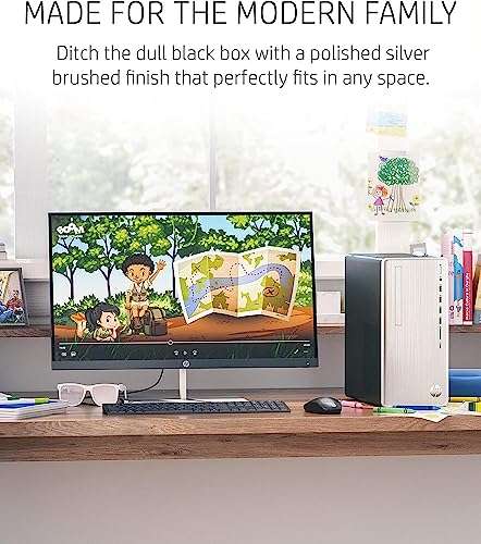 HP Pavilion Desktop, AMD Ryzen 5 5600G, 12GB RAM, 1TB HDD, 256GB SSD, Windows 11 Pro, HDMI, Wi-Fi 5, Bluetooth, USB Ports, Natural Silver, PCM 5