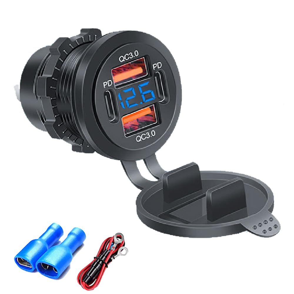 Kework 4 Ports USB Car Charger Total 72W, DC 12-24V, USB C PD Max 36W, USB A QC Max 18W, Dashboard Flush Mount Charge Outlet Socket for RV Bus Boats Truck, Blue Light