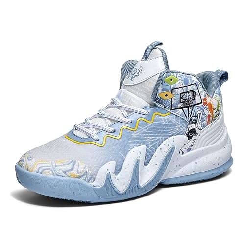 CJSPORX Unisex's Basketball Shoes Breathable Men Non Slip Outdoor Fashion Women Sneakers White&Blue-3 Size 10-1