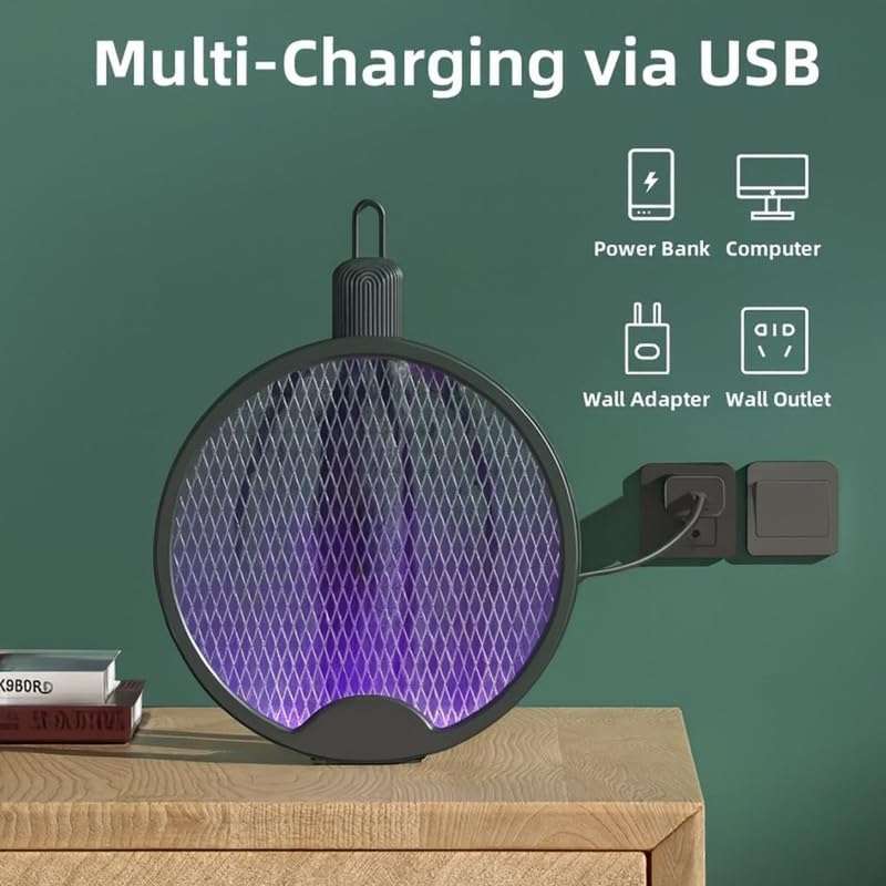 Green River Foldable Swivel Mosquito Racket | 2-in-1 Electric Mosquito Bat with UV Light Lamp | USB Rechargeable Fly Swatter Bug Zapper | Hangable Insect Killer with Long Lasting Battery (Dark Grey) 3