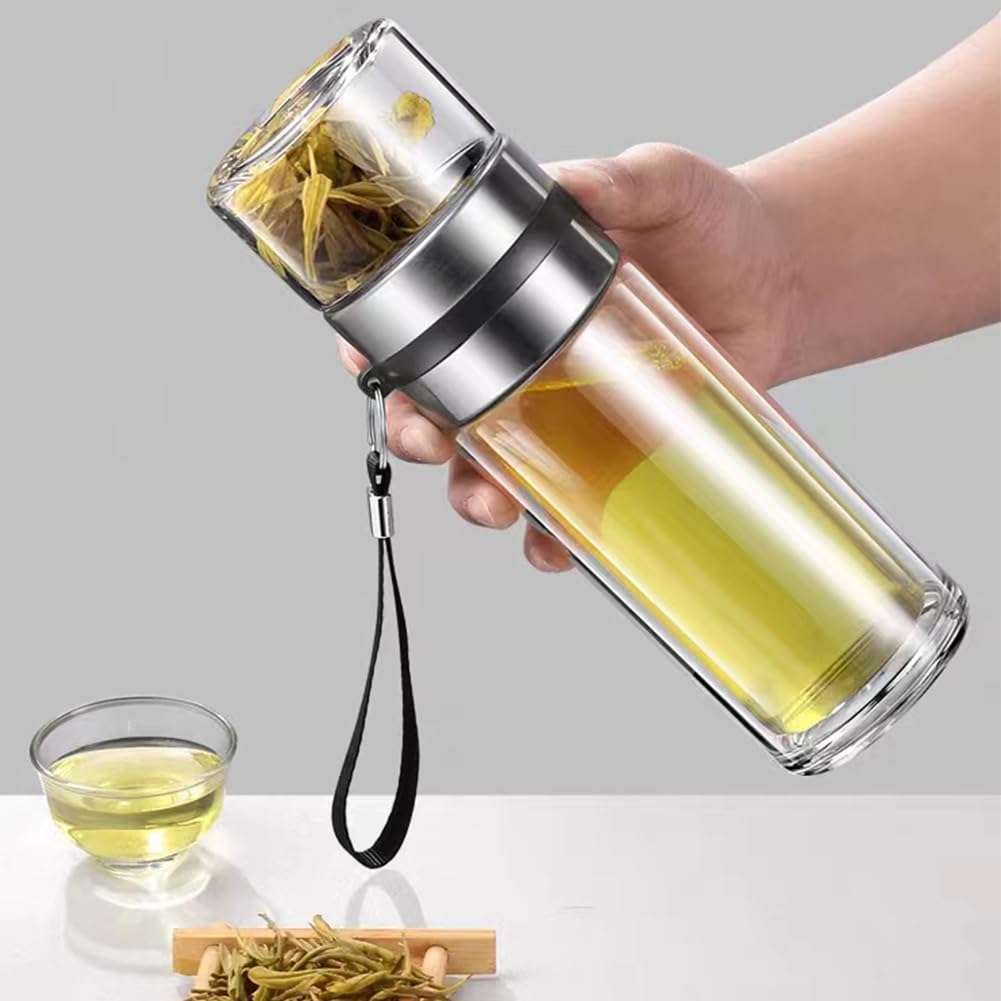 PUPOPIK 14oz Double Wall Glass Water Bottle Tea and Portable Travel Water Separation Tea Bottle Mug Cup with Tea Infuser,Clear Filtrating Tea Maker for Loose Leaf Tea (Sliver-450ml) 1