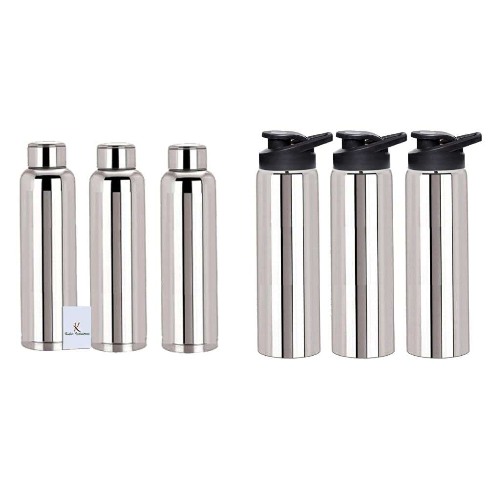 Kuber Industries Stainless Steel 3 Pc Fridge Water Bottle/Refrigerator Bottle/Thunder(1000 ML)-CTKT + Kuber Industries Stainless Steel 3 Pc Fridge Water Bottle Set with Flip Cap 700 Ml (Silver)-CTKT 1