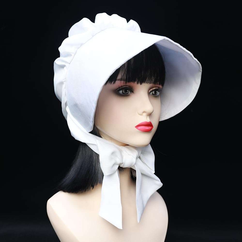 ZEUIHELO Maid Hat Peasant Amish Hat Prairie Cap Women Girls Pioneer Colonial Bonnet For Halloween Thanksgiving (Flat head style, White) 6