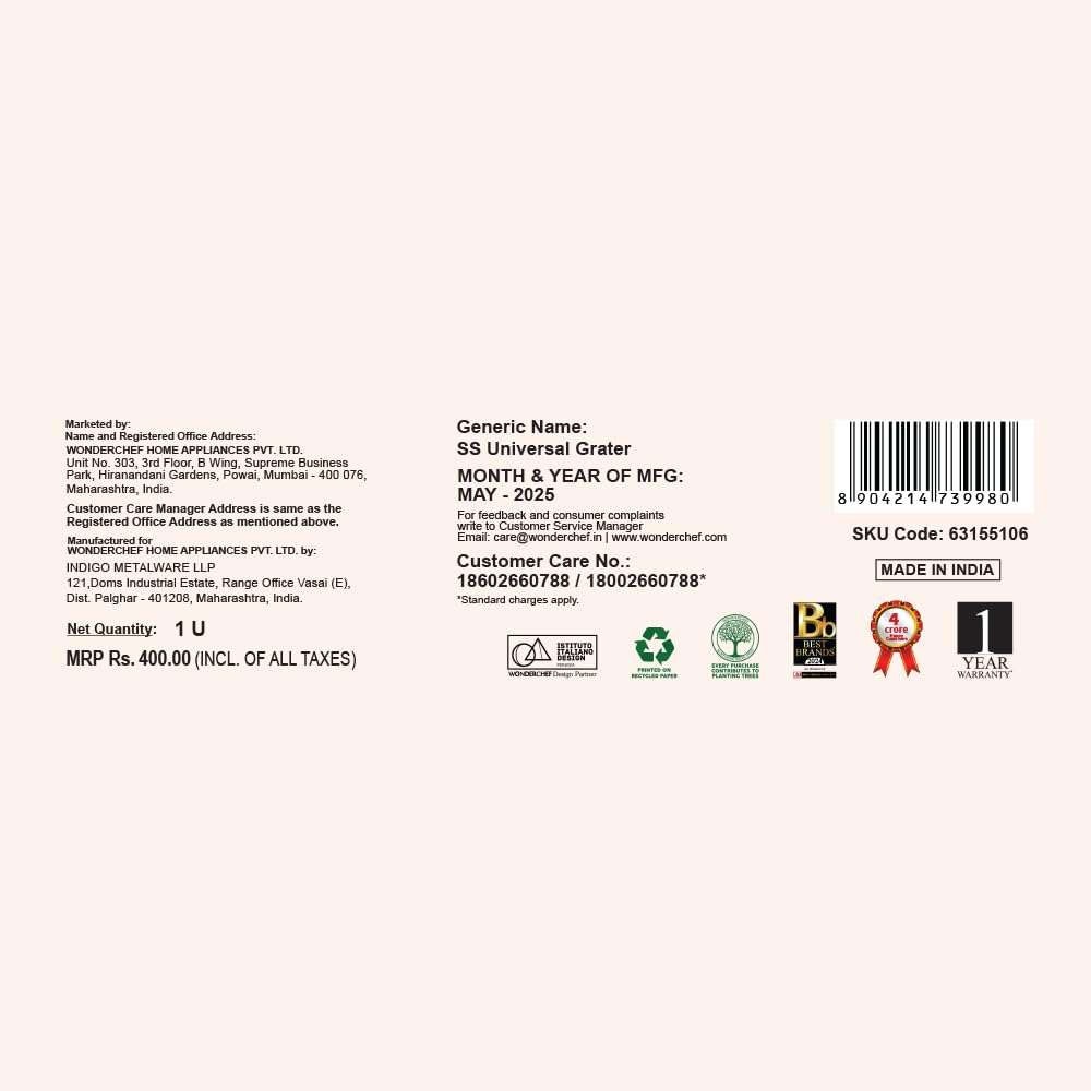 Wonderchef Ambrosia Cheese Grater & Vegetable Shredder | Food-Grade Stainless-Steel | Comfortable Handle | Multi-Purpose Use for Cheese, Veggies, Fruits, Chocolates, Ginger, Garlic | 1-Year Warranty 6