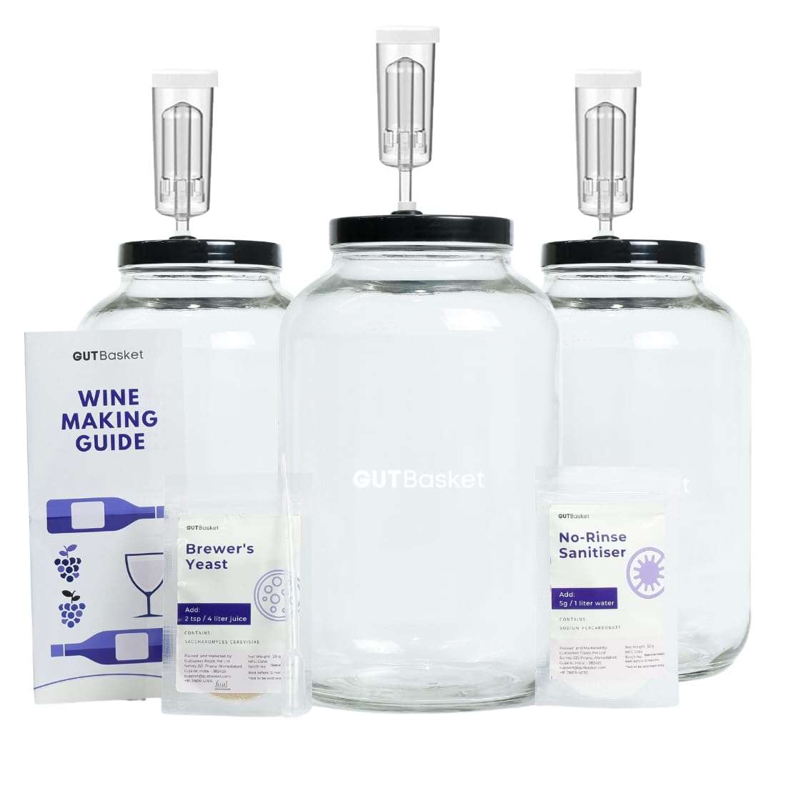 Gutbasket Wine Making Kit - Wine Supplies for 60L Wine, Fermentation Jar 4 L, Wine Yeast, Airlock and No Rinse Sanitiser- Complete DIY Home Brew Kit (3 Jar Set) 1