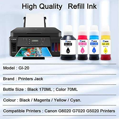 Printers Jack Compatible Canon GI-20 GI20 Refill Ink Bottles Kit for Canon PIXMA G5020 G6020 G7020 MegaTank Printers 3